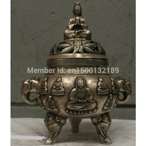Xd 0047 Chinese Folk Culture Handmade Bronze Silver Statue Guanyin Buddha incense burner