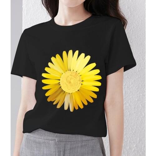 Womens T-Shirt Summer Classic Black Print Commute Lady Top Clothes Beautiful Daisy Pattern Series Street Style Female Tee Shirt