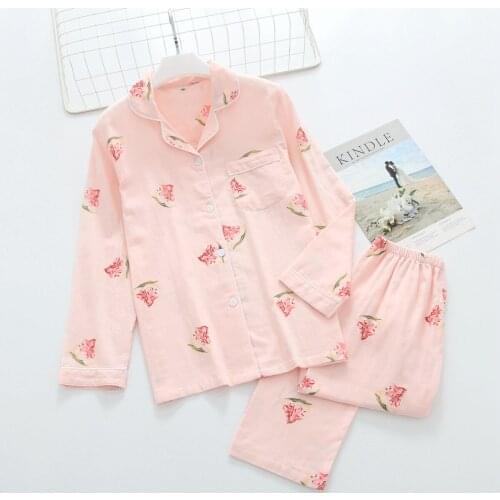 Ladies Double-layer Gauze New Living Clothes Cool Watermelon Woven Cotton Spring Autumn Long-sleeved Trousers Chemise De Nuit