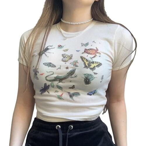 Y2K Womens Summer Crop Tops Fashion Insect Print Short Sleeve Round Neck Slim Fit T-Shirts