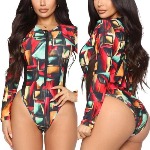WomenS Geometric Printed One-Piece Swimsuit, Long Sleeve Front Zipper Closure Patchwork Tulle Waist Triangle Swimwear