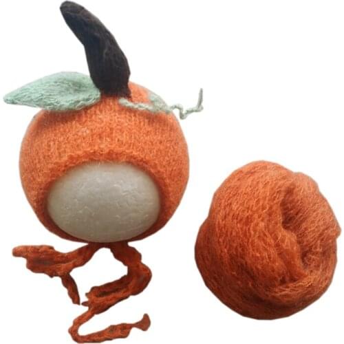 2 Pcs Baby Receiving Blanket+Beanie Cap Set Mohair Pumpkin Hat Wrap Kit Newborn Photography Props Photo Shooting Accessories