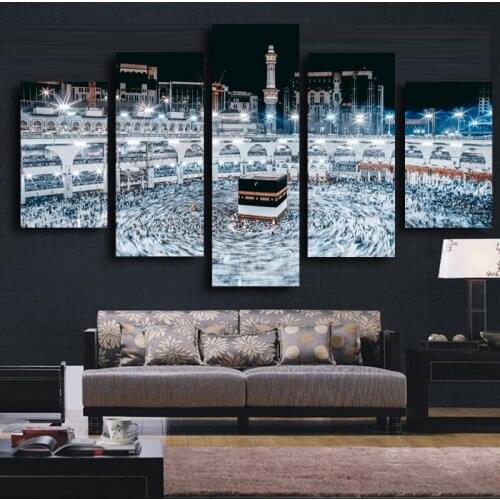 5 Panels HD Print Islam Mecca Round Ornament View Mosque Night Landscape Posters Religious Wall Modular Painting for Living Room
