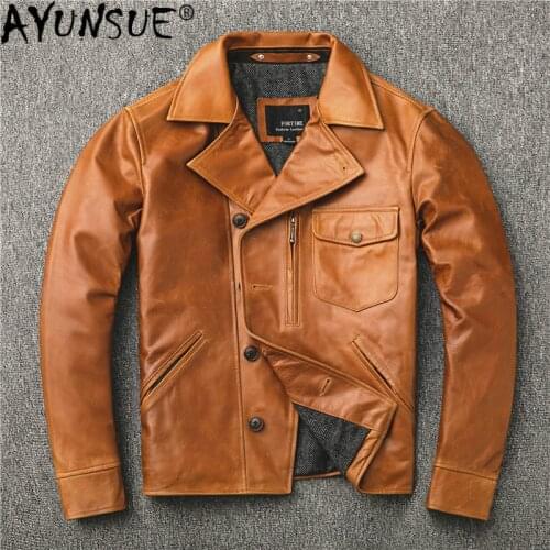 AYUNSUE Motorcycle Real Leather Jacket Men 100% Sheepskin Coat Vintage Mens Genuine Leather Jackets Veste Homme 1924 KJ4736