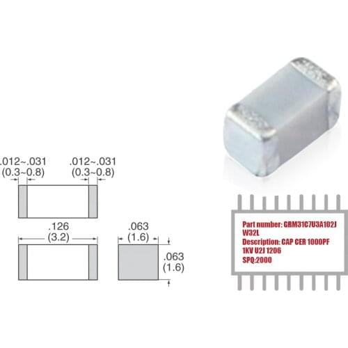 My Group Asia 2000PCS GRM31C7U3A102JW32L Surface Mount MLCC SMD CAP CER 1000PF ±5% 1KV U2J 1206 Ceramic Capacitor in Stock