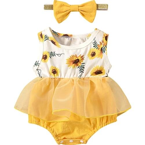 Summer Baby Girl’s Casual Sleeveless Romper Fresh Flower Lace Tutu Jumpsuits and Headband