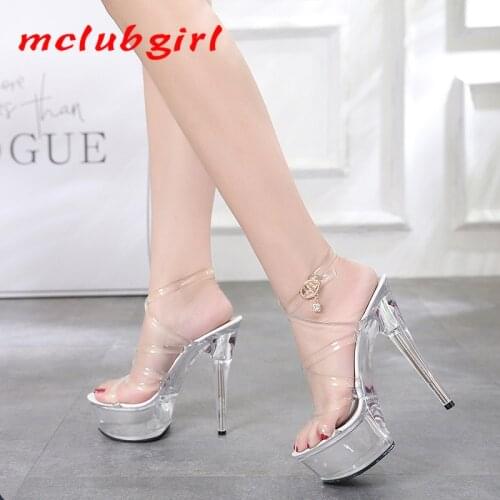 Mclubgirl Hot Sale Womens Sandals 34-43 15cm Thin Heeled Waterproof Platform Transparent Crystal Wedding Shoes Banquet LFD-193