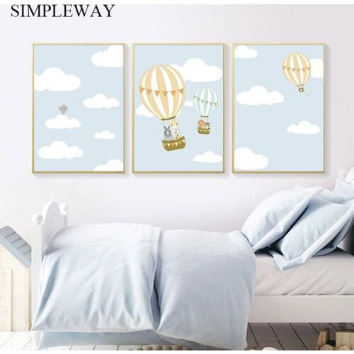 Cute Animal Balloon Travel Nursery Poster Child Canvas Print Simple Wall Art Painting Nordic Kids Baby Room Decoration Picture