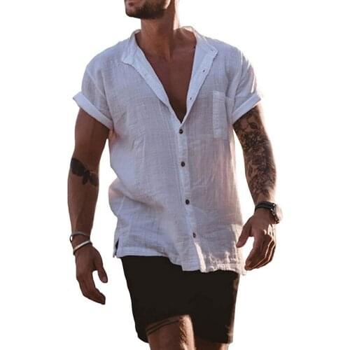 Mens Linen Blouse Short Sleeve Baggy Buttons Summer Solid Comfortable Pure Cotton And Linen Casual Loose Holiday Shirts Tee Tops