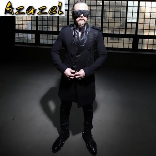 Hot Brand autumn and winter New Mens Slim wool woolen coats men long section Embroidery sequins Korean jackets tide Outerwear