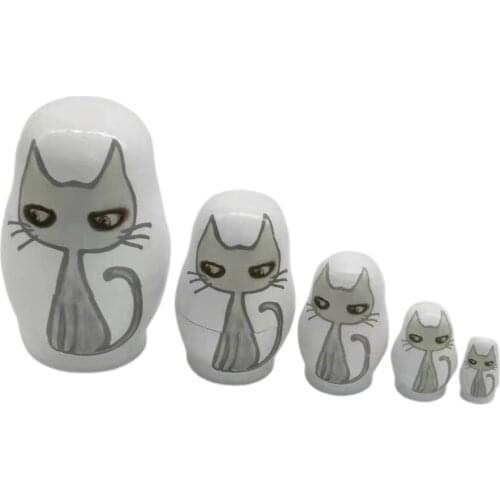 Set 5 Pcs Cartoon Cat Matryoshka Russian Nesting Dolls Matrioska Babushka Wooden