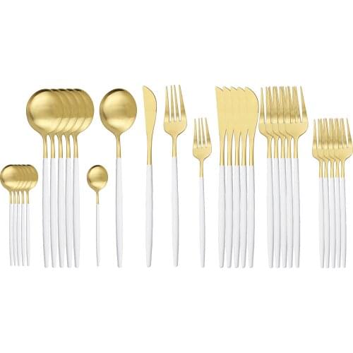 30Pcs White Gold Cutlery Set Matte Knife Spoon Fork Tableware Set Stainless Steel Dinnerware Set Kitchen Flatware Set Black Gold