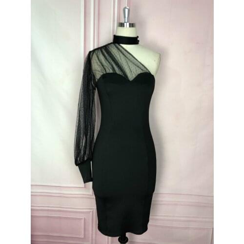 2020 New Elegant Party Sexy Vintage Women Midi Slim Bodycon Dresses One Shoulder Split Mesh Female Black Night Club Pencil Dress