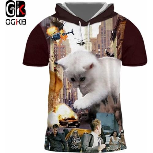 OGKB New Harajuku Tops Women/mens Print Monster Kitty 3D Hooded Tshirt Man Slim Fit Fitness Casual T-shirt Short Sleeve Hoody