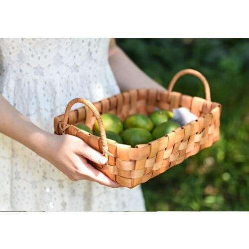 2017 Japanese style original wood double handle hand-woven fruit bread basket carrying picnic basket