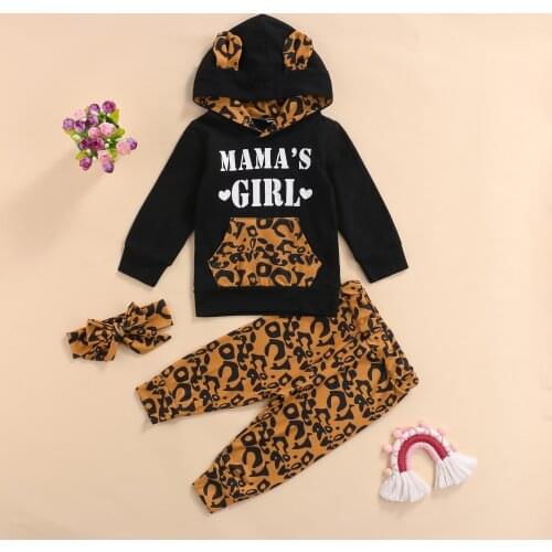Autumn Fall Baby Clothing Baby Girl Cotton Leopard Letter Hoodie Top Pants 3Pcs/sets Infant Kids Fashion Toddler Clothes