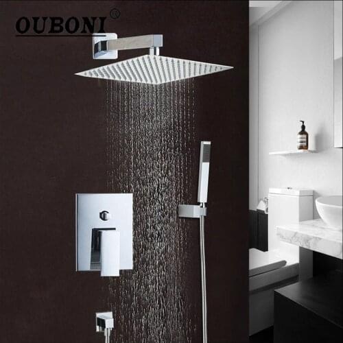 OUBONI 8 Inch Chrome Polish Bathroom Shower Set Wall Mounted Rain Square Shower Head Mixer Shower Faucet Set w/ Hand Shower