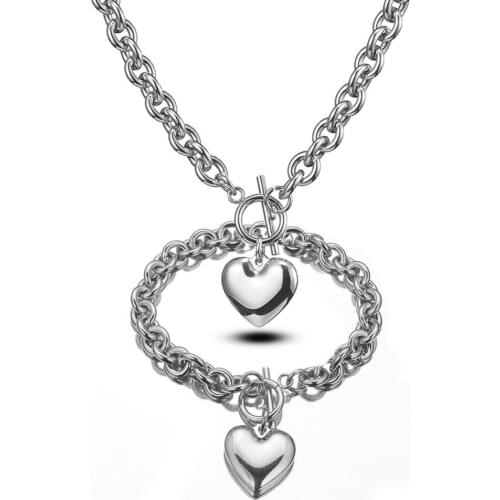 8mm Fashion Womens Girls Stainless Steel Silver Color Rolo O Link Chain Heart Pendant Necklace And Bracelet Jewelry Sets Hotsale