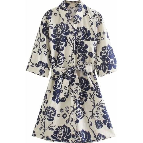 Turn Down Collar Fashion Printed Mini shirt Dresses Women Elegant Collected Waisted Dress Retro Chemise Half Sleeve vestidos