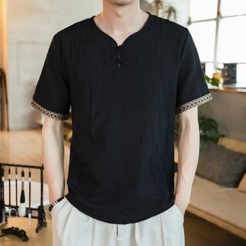Summer Men Cotton Linen Blouse Short Sleeve T Shirt Chinese Traditional Clothes Male Retro Tang Suit Streetwear Tees Tops 30549