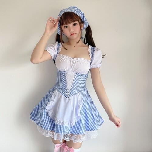 Sexy lingerie Japanese sexy tight maid uniform miniskirt cosplay suit Sweet girl Lolita Dress Summer White Blue Fairy Dress