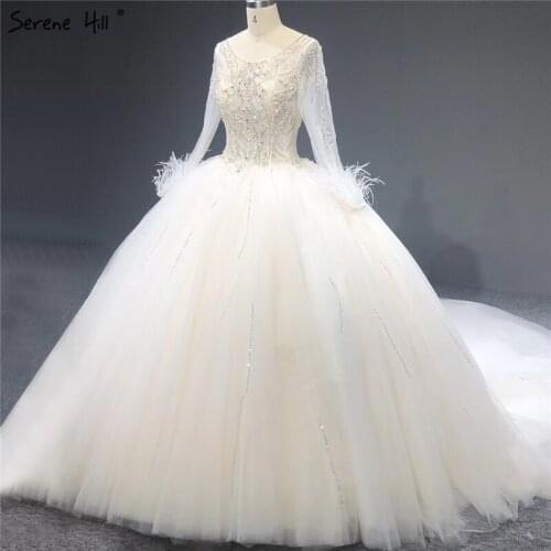 Serene Hill White Sparkle Luxury Long Sleeves Wedding Dress O-Neck Diamond Feathers Sexy Bridal Gown Custom Made CHA2273