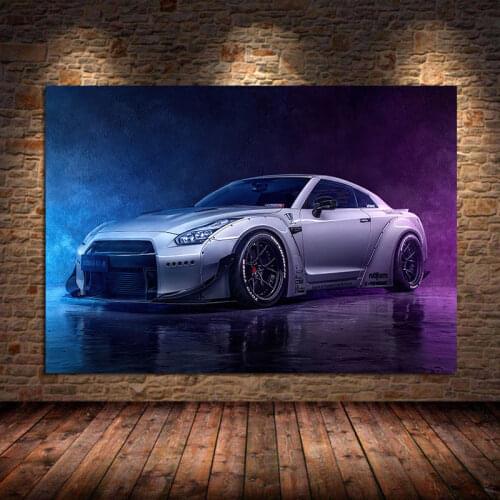 Sport Car Grey Nissan GTR Supercar Posters and Prints Wall Art Pictures for Living Room Home Decoration Canvas Painting Unframed