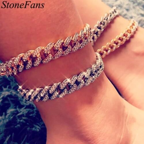Stonefans Hot Sale Iced Out Miami Cuban Anklet Link Chain Jewelry for Mans Womens Luxury Handmade Hip Hop Rock Foot Jewelry