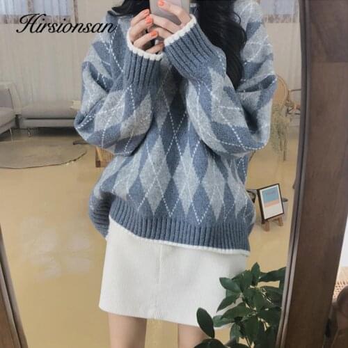 Hirsionsan Sweater Women Lazy Thicken Crewneck Diamond Lattice Geometric Elastic Pullover Soft Loose Knitting Bottoming Tops