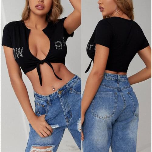 Letter Print Top Womens Casual Short Sleeve Cardigan Fashion Hot Drilling Letter Bandage Exposed Navel T-shirt