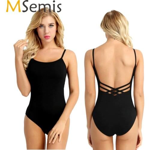 MSemis Women Criss Cross Straps Built In Shelf Bra Ballet Dance Costume Gymnastics Leotard Camisole Ballerina Bodycon Bodysuit