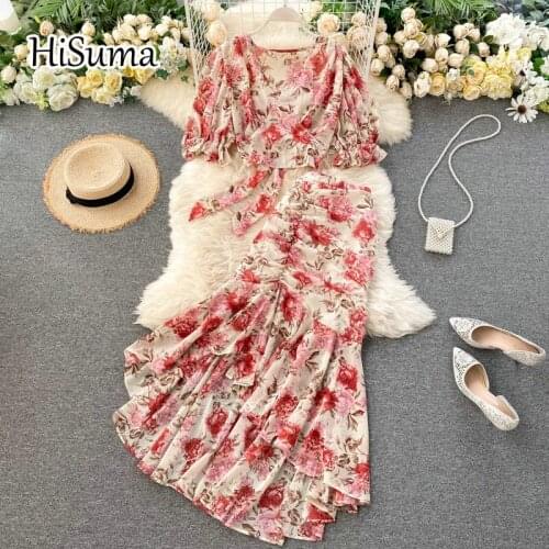 2021 spring new female V-neck lace-up flower print chiffon shirts high waist ruffle fishtail skirt suit womens set 2 piece sets