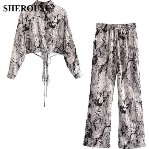 SHEROUSE Women Two Piece Set Fashion Cropped Shirt Casual Elastic Waist Trousers Chic Lady Woman y2k Outfits Pants Sets