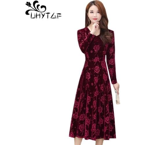 UHYTGF Gold velvet spring autumn dress women long sleeve pullover casual 5XL plus size dress elegant mother beach long dress 796