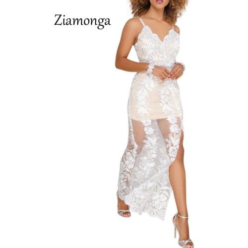 Ziamonga Women Formal Party Elegant Floral Lace Maxi Dresses Female Sleeveless See Through Mesh Patchwork Sexy Split Long Dress