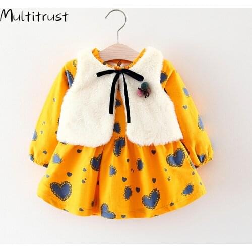 2020 Sweet 0-24M Baby Girl Dress+Vest 2pcs Spring Fall Hearts Print Long Sleeve Knee-length Dress+White Vest Coats Kids Outfits