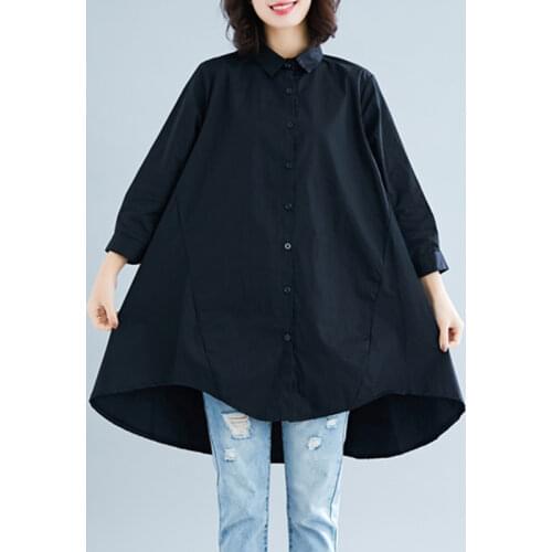 #2814 Spring Autumn Black White Shirt Three Quarter Sleeves Loose Lapel Collar Casual Asymmetrical Long Shirts Women Cotton