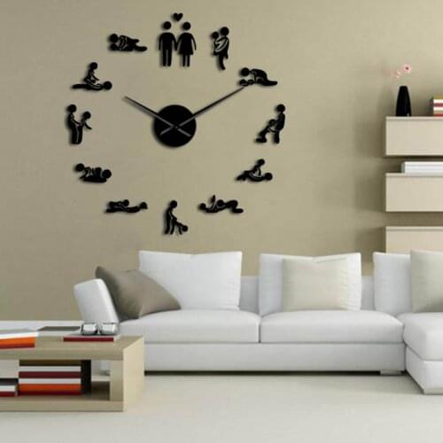 3d new sex position mirror silent wall clock DIY modern design self adhesive wall clock for bed room quartz watch sticker klok