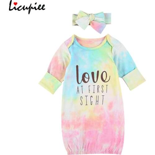 Colorful Long Sleeve Sleeping Bag for 0-6m Newborn Baby, Lovely Sleeper Gowns with Big Bowknot Hairband, 2pcs 0-6 Years