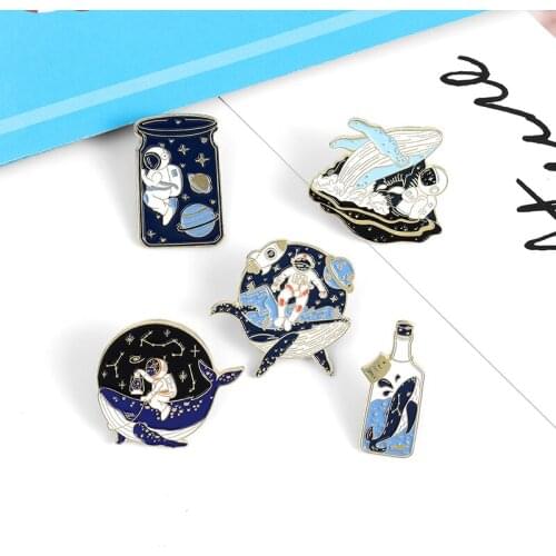 Whale and Astronaut Enamel Pin Adventure Ocean Drifting Wishing Bottle Brooches Bag Lapel Pin Badge Jewelry Gift for Friends