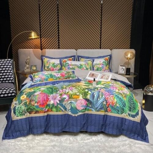 Vibrant Tropical Colorful Botanical print Duvet Cover premium 100%cotton Bedding Set 4Pcs ultra soft bed sheet and pillow shams