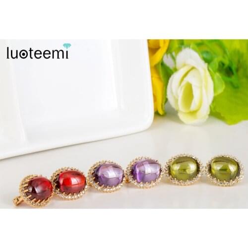 LUOTEEMI Wholesale Luxury Noble Oval Cutting Garnet-Color Stone with Clear Zircon Surrounded Fashion Stud Earrings for Women