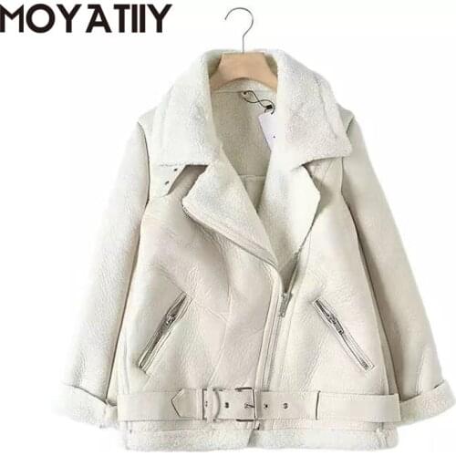 MOYATIIY Fashion Women Motorcycle Jacket Winter Thick Warm Leather Jackets Coats Creative Large Turn Collar Overcoats with Zip