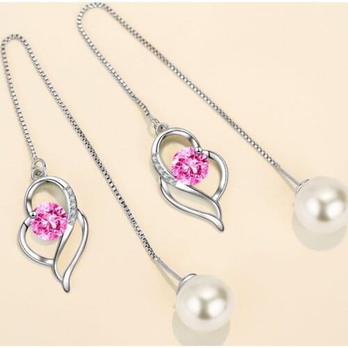 Fashion Long Pearl Earrings for Women Silver Heart Crystal Temperament Earrings Ladies Wedding Party Jewelry Gift