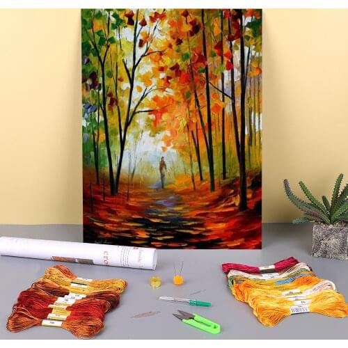 Melody Autumn Printed Fabric 11CT Cross Stitch Embroidery Complete Kit DMC Threads Handmade Craft Needlework Package