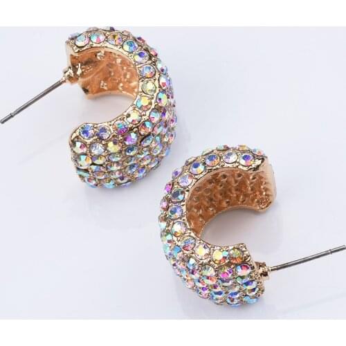 Full Crystal Rhinestone C Shape Drop Earrings Women Fashion Simple Half Circle Dangle Earring Jewelry Female Gift