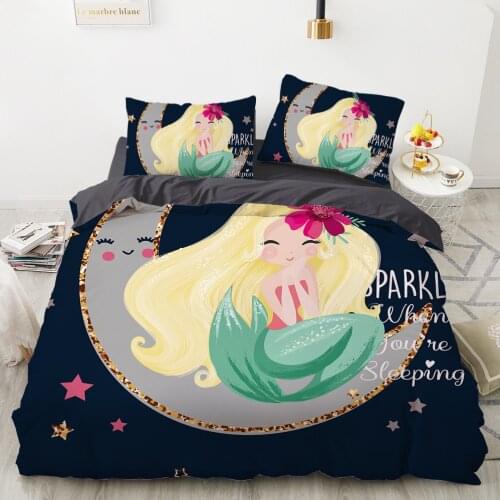 Cartoon Kids Bedding set For home Baby child girl Duvet Cover Set 2/3Pc Bed Linen 140x200 200x200 Mermaid princess Black drop
