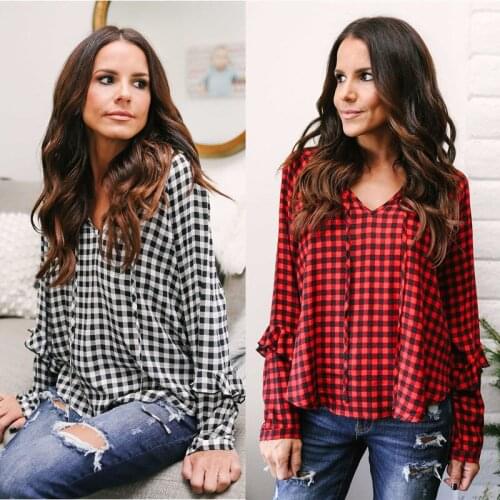 2018 NEW Fashion Women Long Sleeve V-neck Blouse Plaid Print Shirt Single Loose Shirt casual female lace up plaid blouses tops