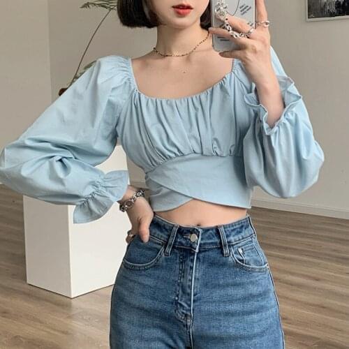 2021 Spring New Fashion Korean Version of Solid Color Design Back Slim Casual Long-sleeved Y2k Top with Bow Top Women T-shirt