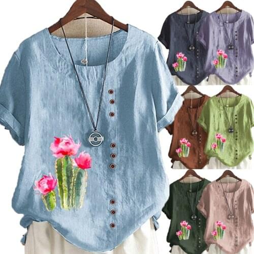 Women Summer Round Neck Short Sleeve T-shirt Casual Linen Shirt Leisure Fashion Loose Cactus Printed Blouse Tops Plus Size